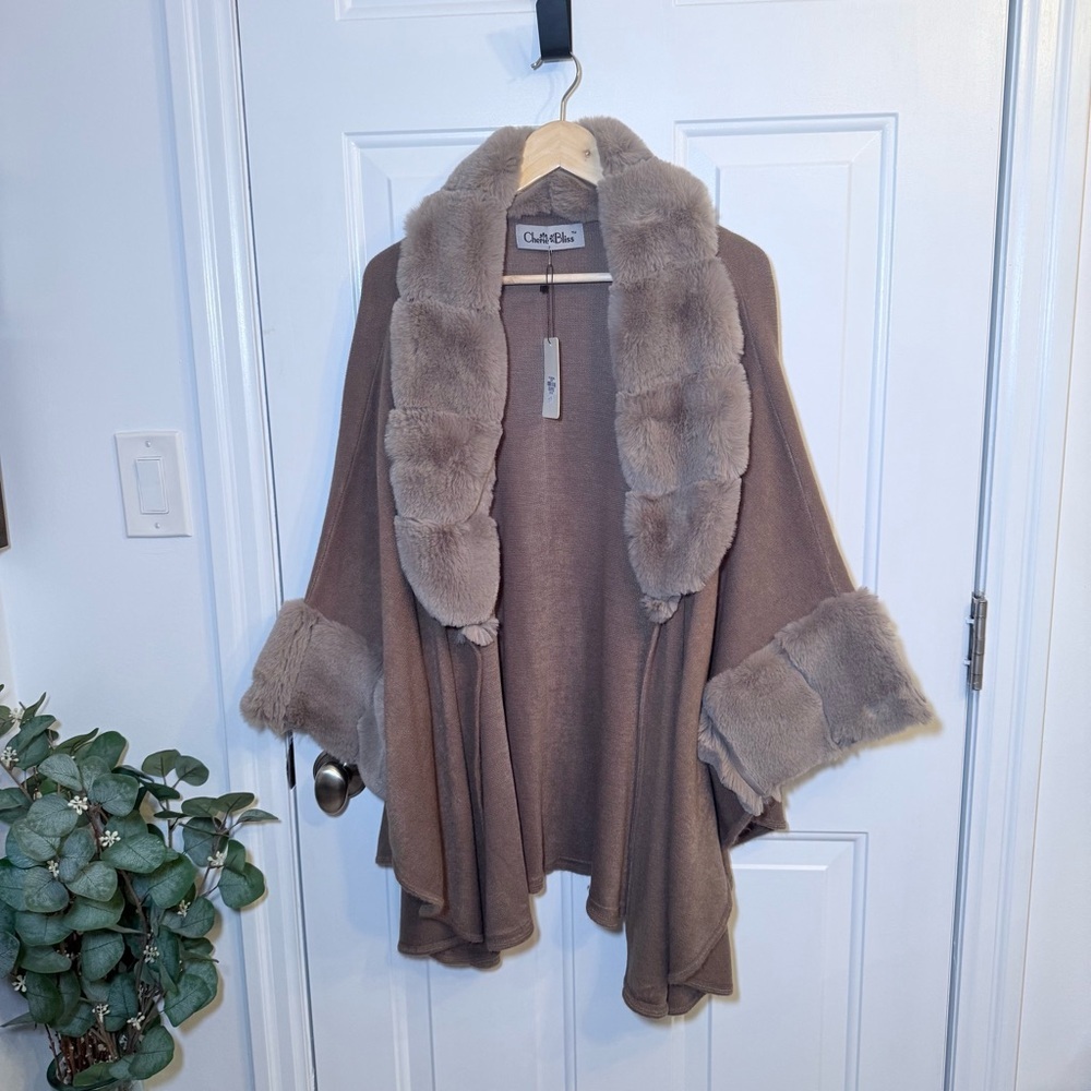 Chalet Faux-Fur Trim Taupe Open-Front Poncho Sweater